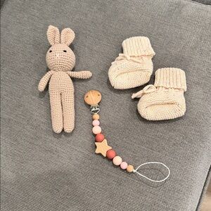 Handmade Tan Bunny Toy and Booties Set